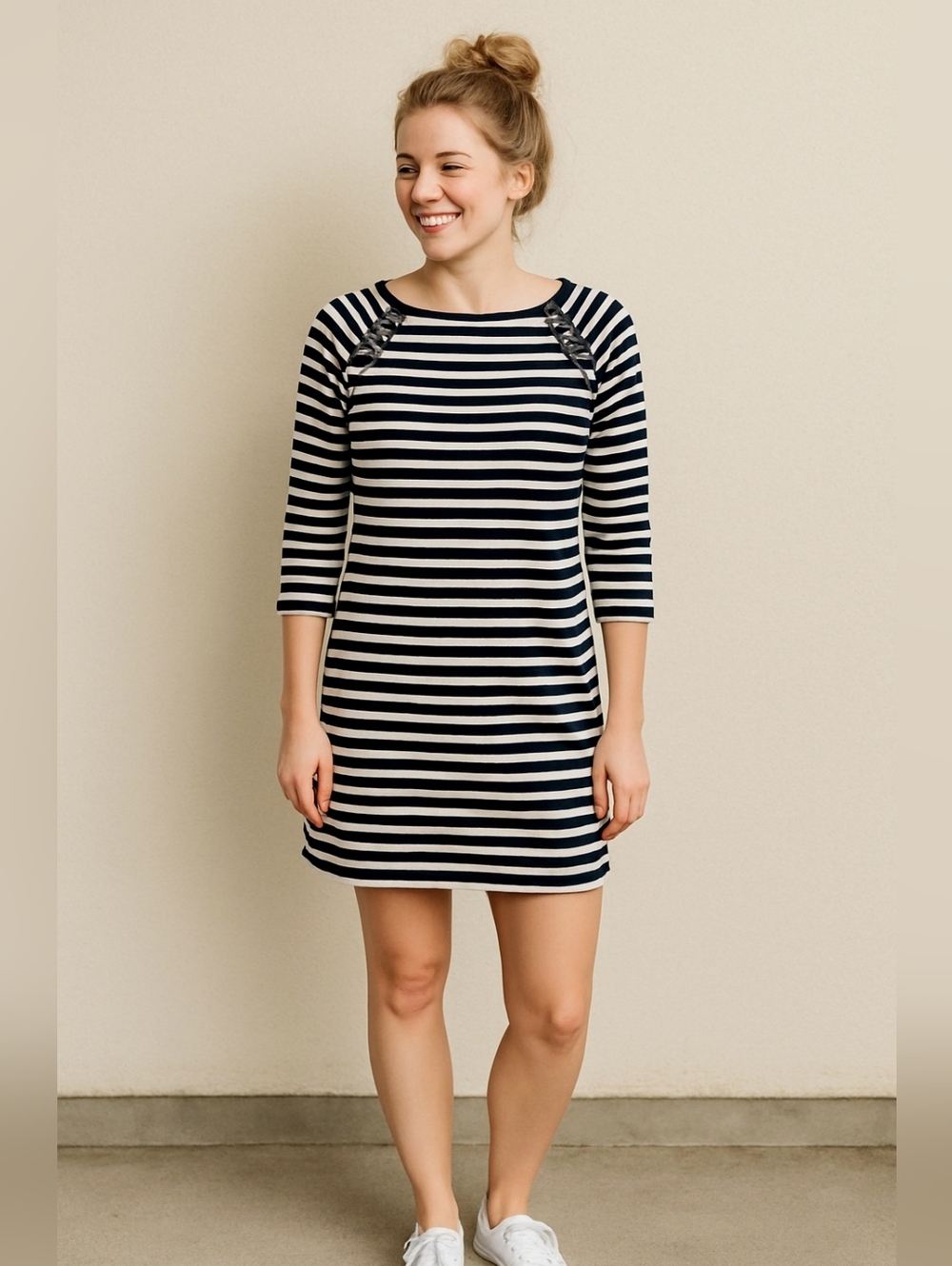 Talbots‎ Women's Navy & White Nautical Stripe 100% Cotton Knit Sheath Dress L